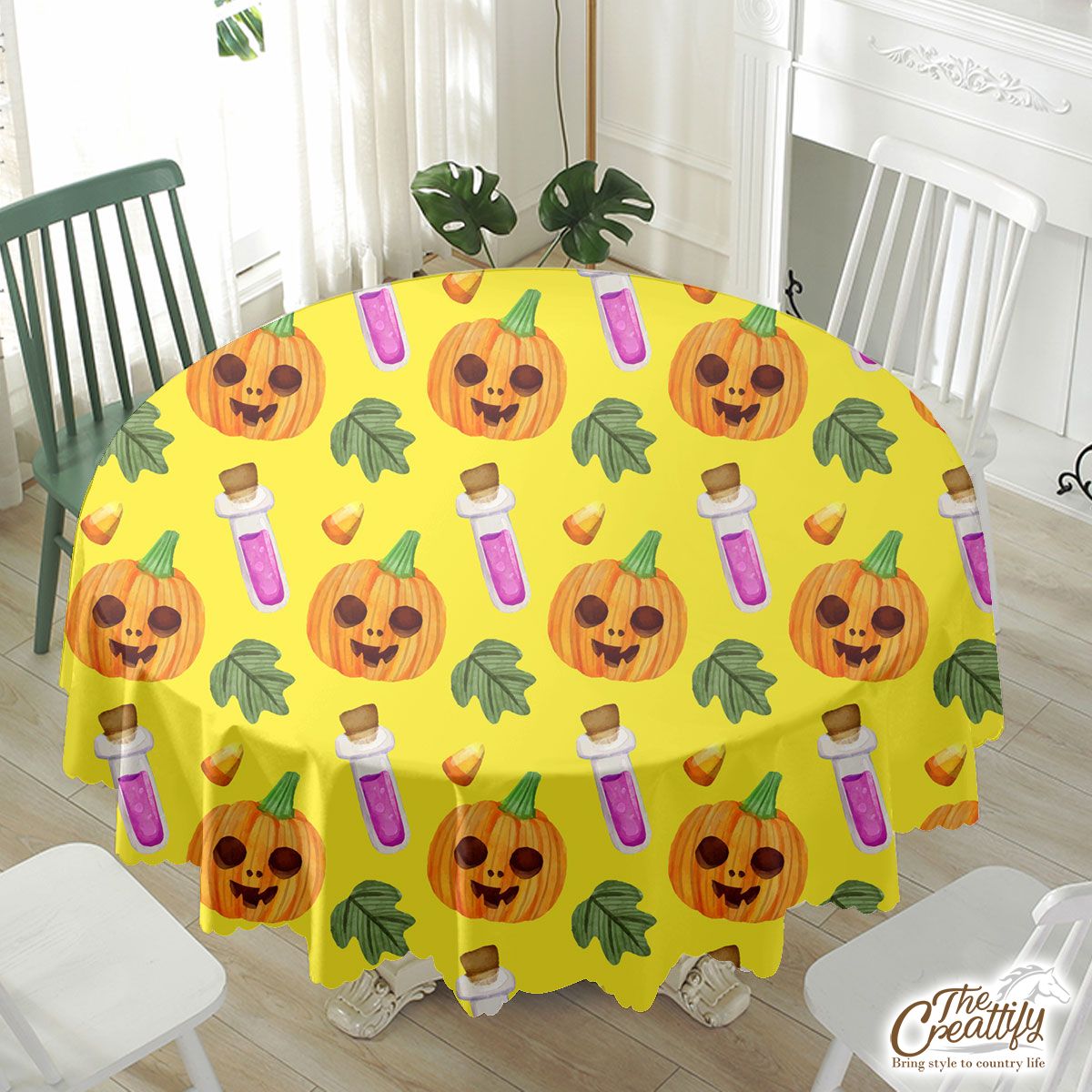 Scary Pumpkin Face and Witch Potions Yellow Halloween Waterproof Tablecloth