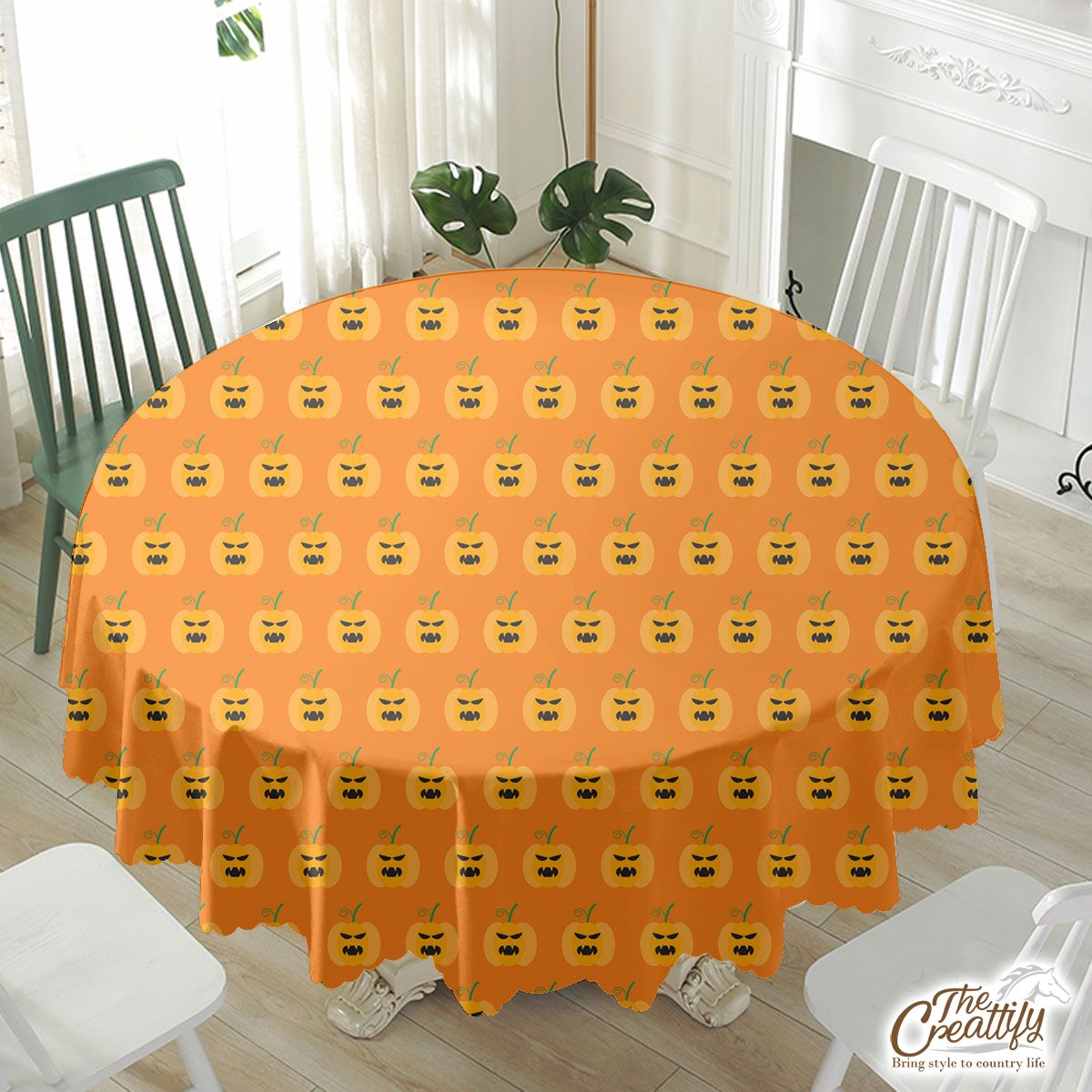 Scary Pumpkin Faces On Halloween Background Waterproof Tablecloth