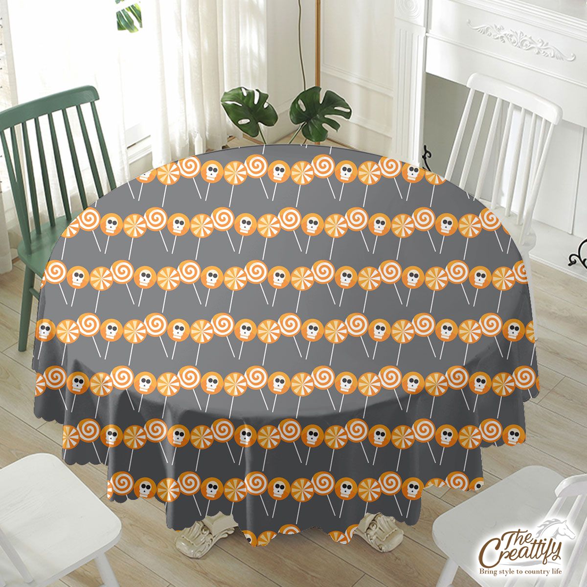 Skull With Halloween Candy Waterproof Tablecloth