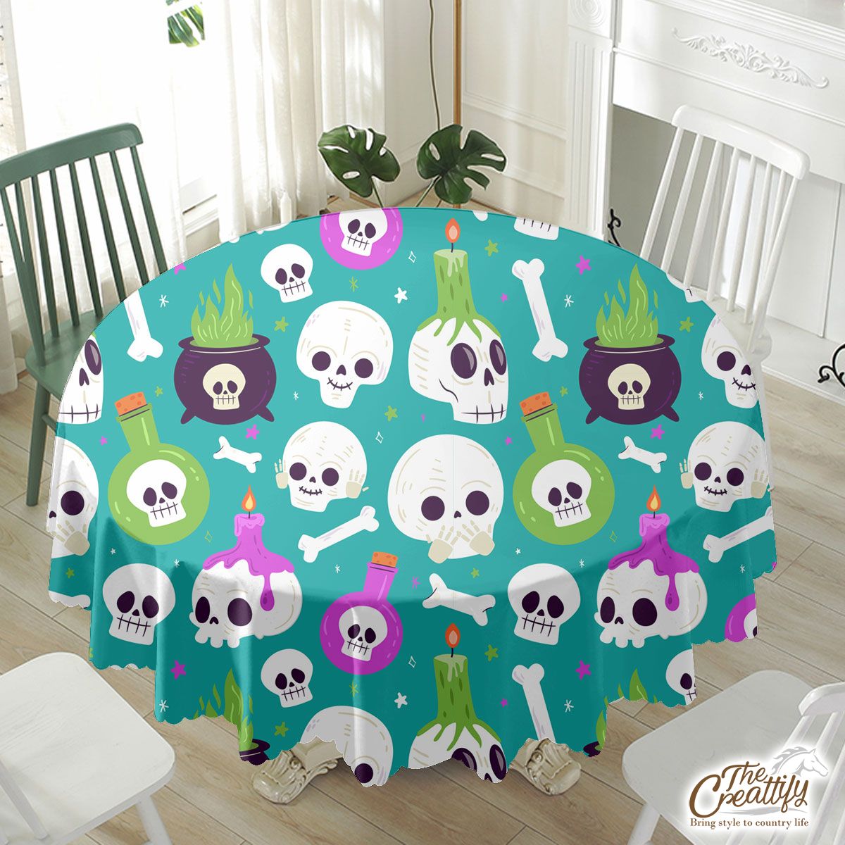 Skull, Funny Skull, Witch Cauldron and  Halloween Skeleton Blue Waterproof Tablecloth