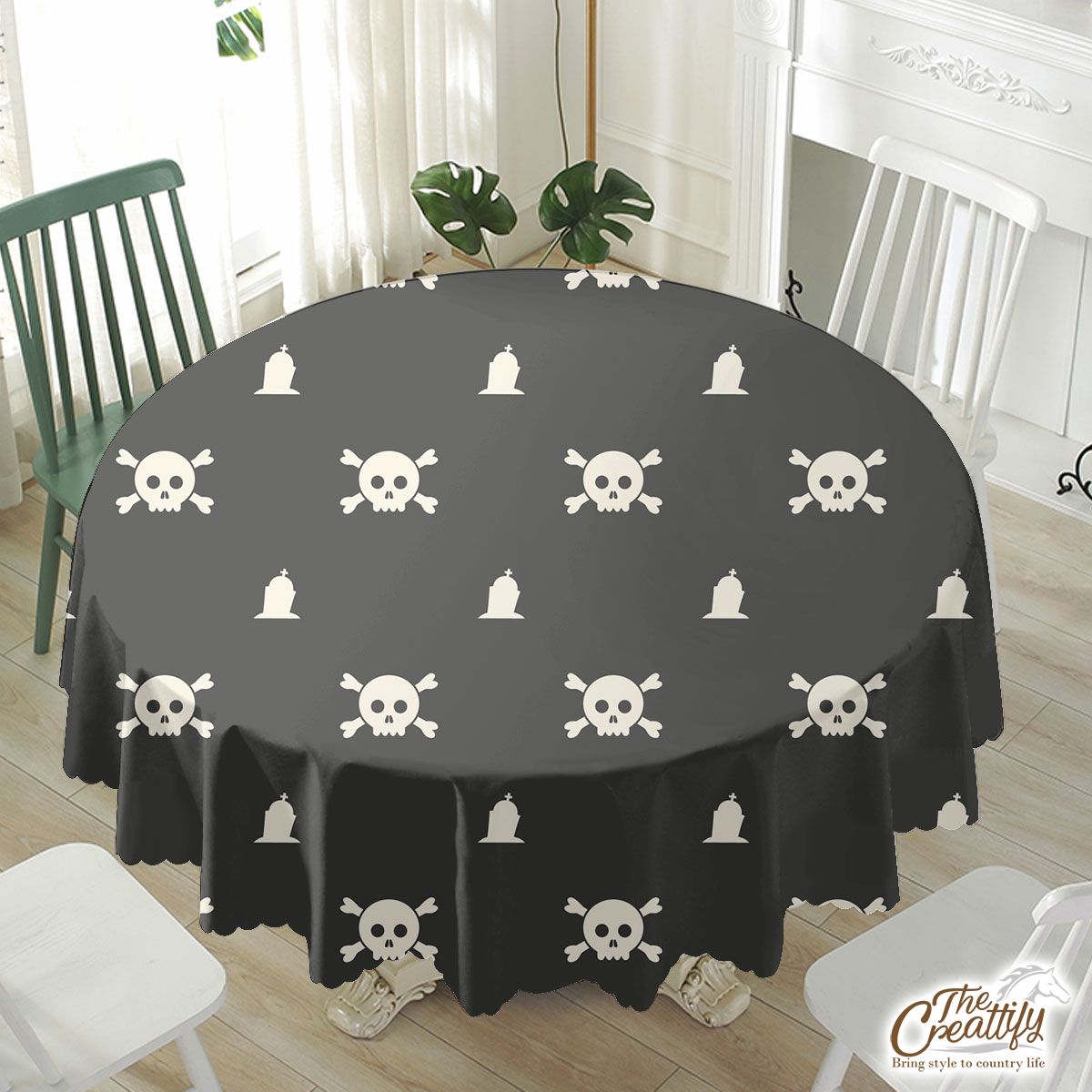 White Skull With Tombstone Halloween Waterproof Tablecloth