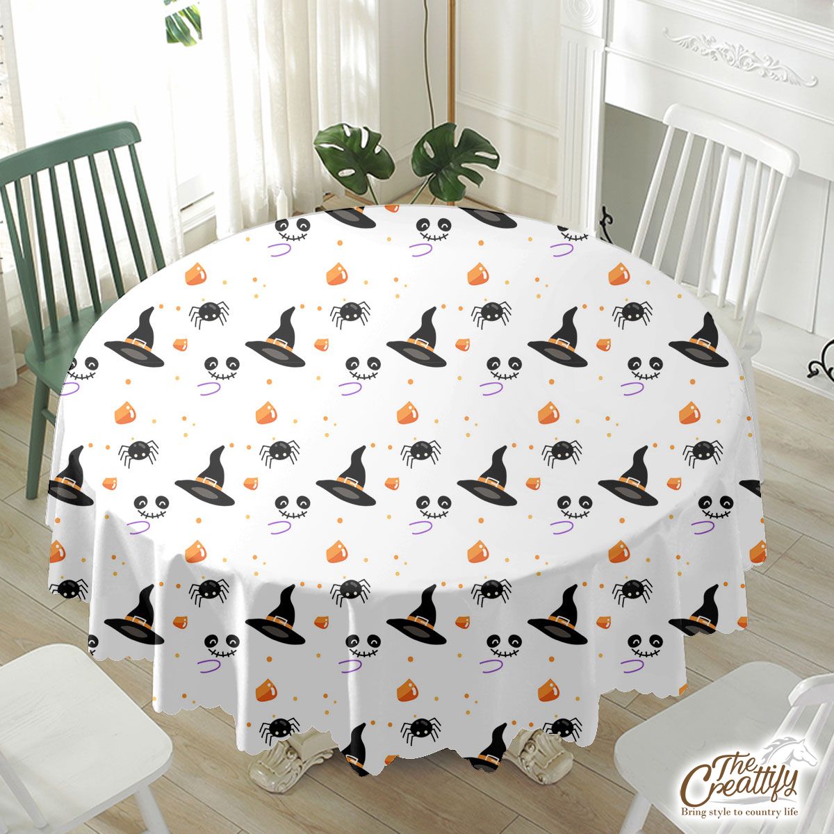 Witch Hat and Spider, Halloween Scary With Boo White Waterproof Tablecloth