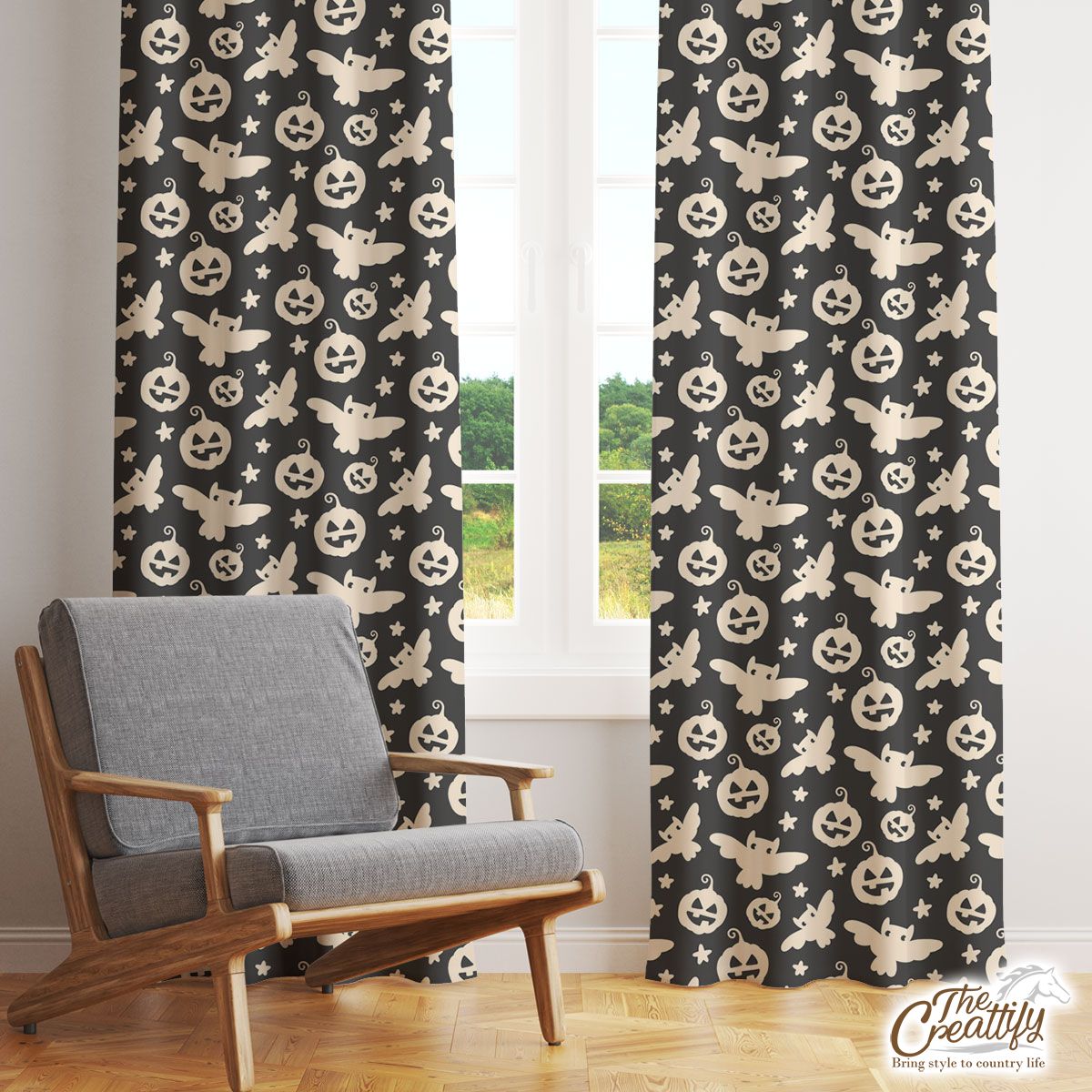 Black And White Scary Pumpkin Face With Owl Halloween Window Curtain