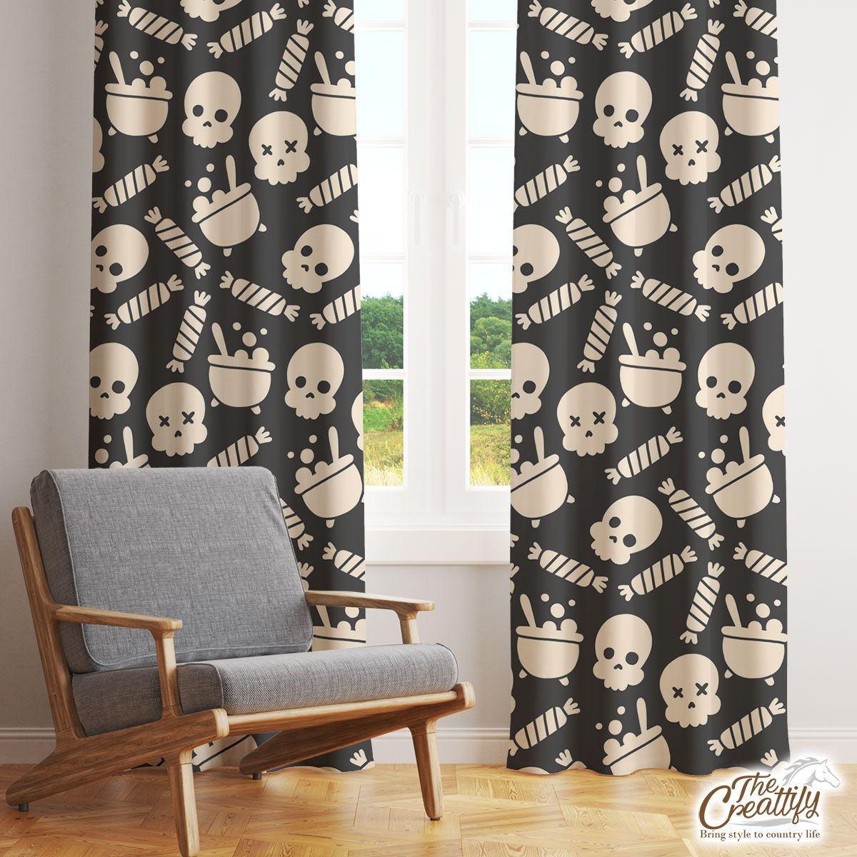 Black And White Skull Emoji With Halloween Candy Window Curtain