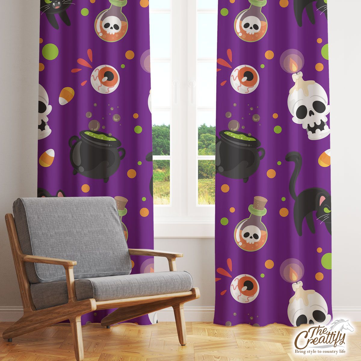 Black Cat And Skull On The Spooky Background Halloween Window Curtain