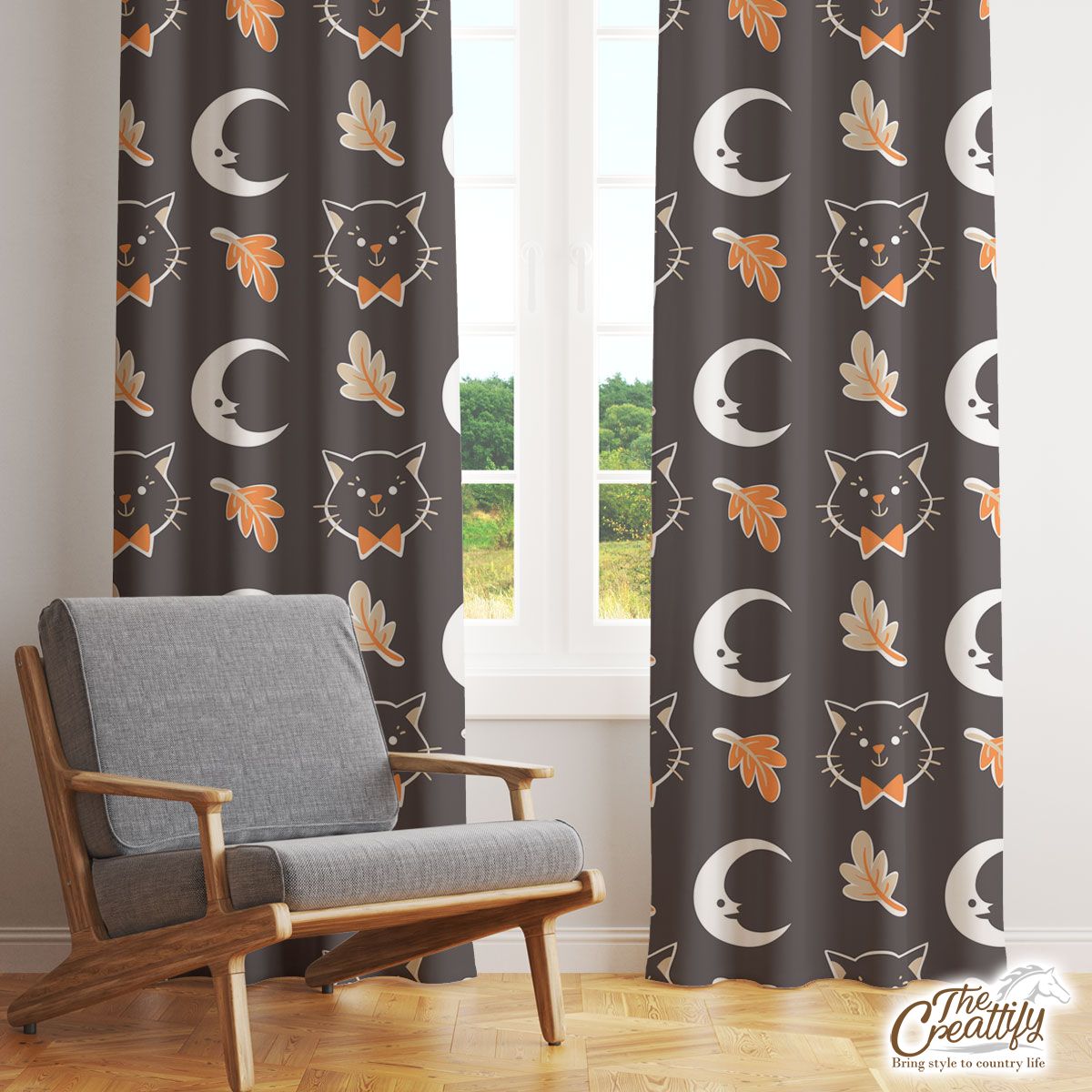 Black Cat With Fall Leaves And Moon Halloween Window Curtain