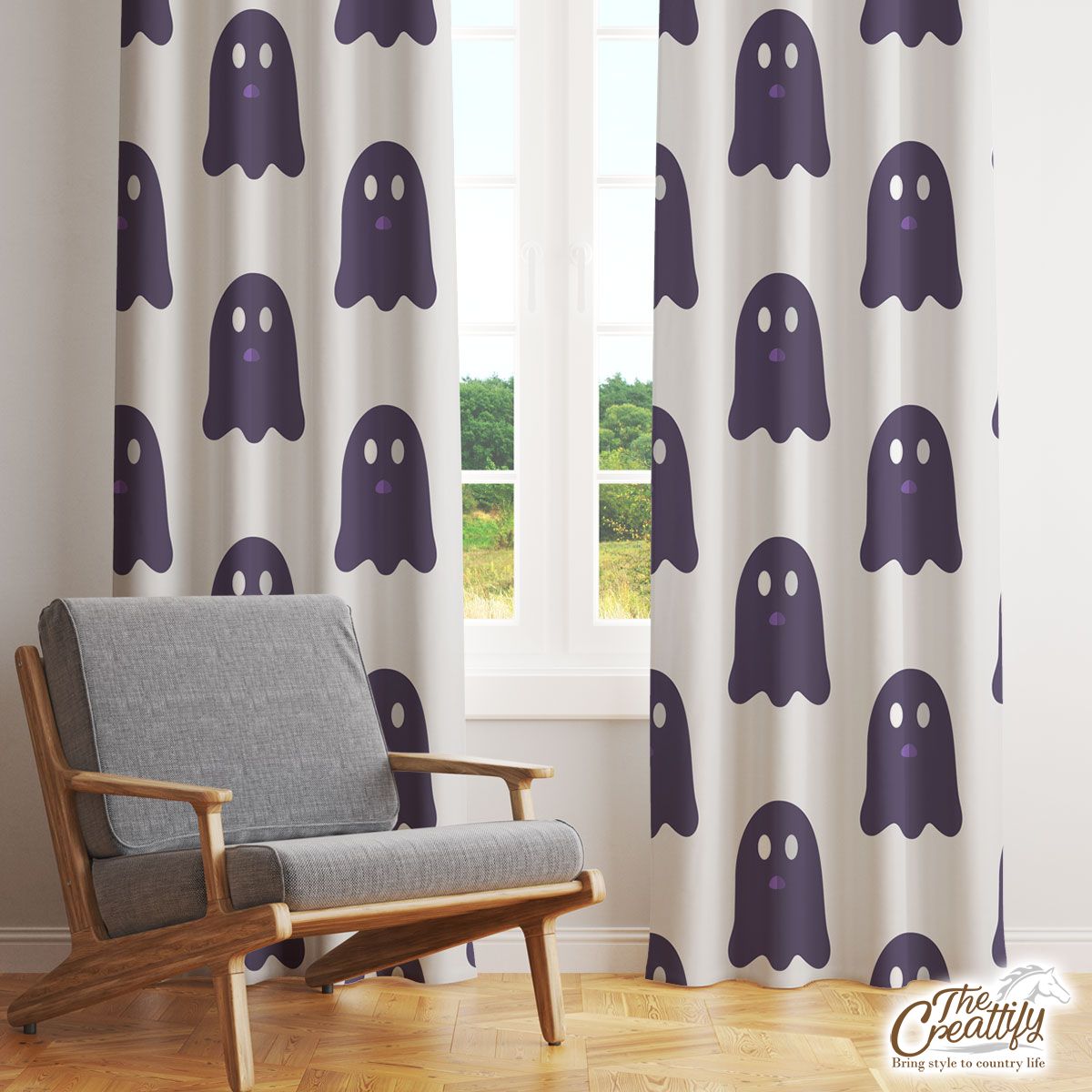 Cute And Funny Purple Boo Ghost Halloween Window Curtain