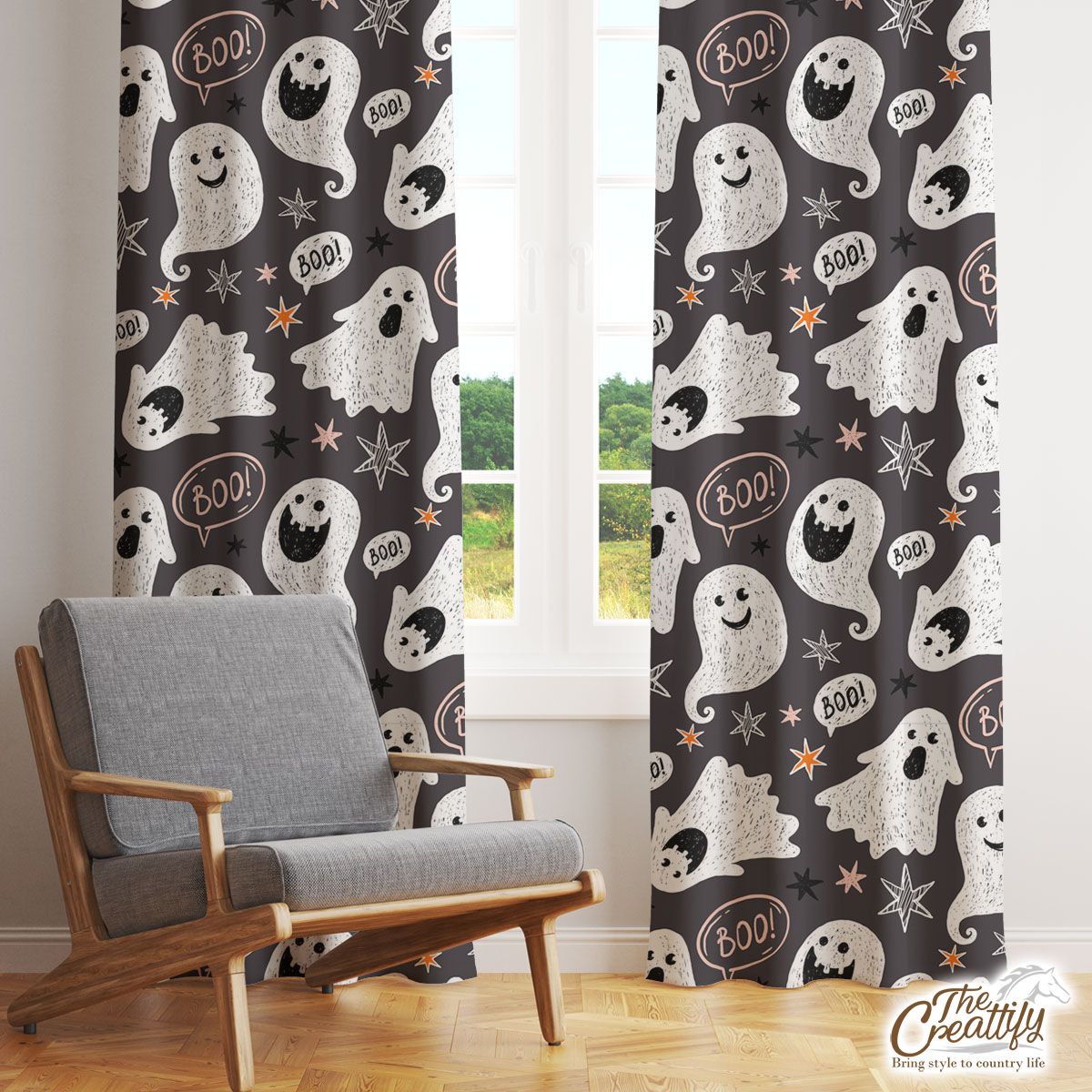 Cute Ghost On The Halloween Background Window Curtain