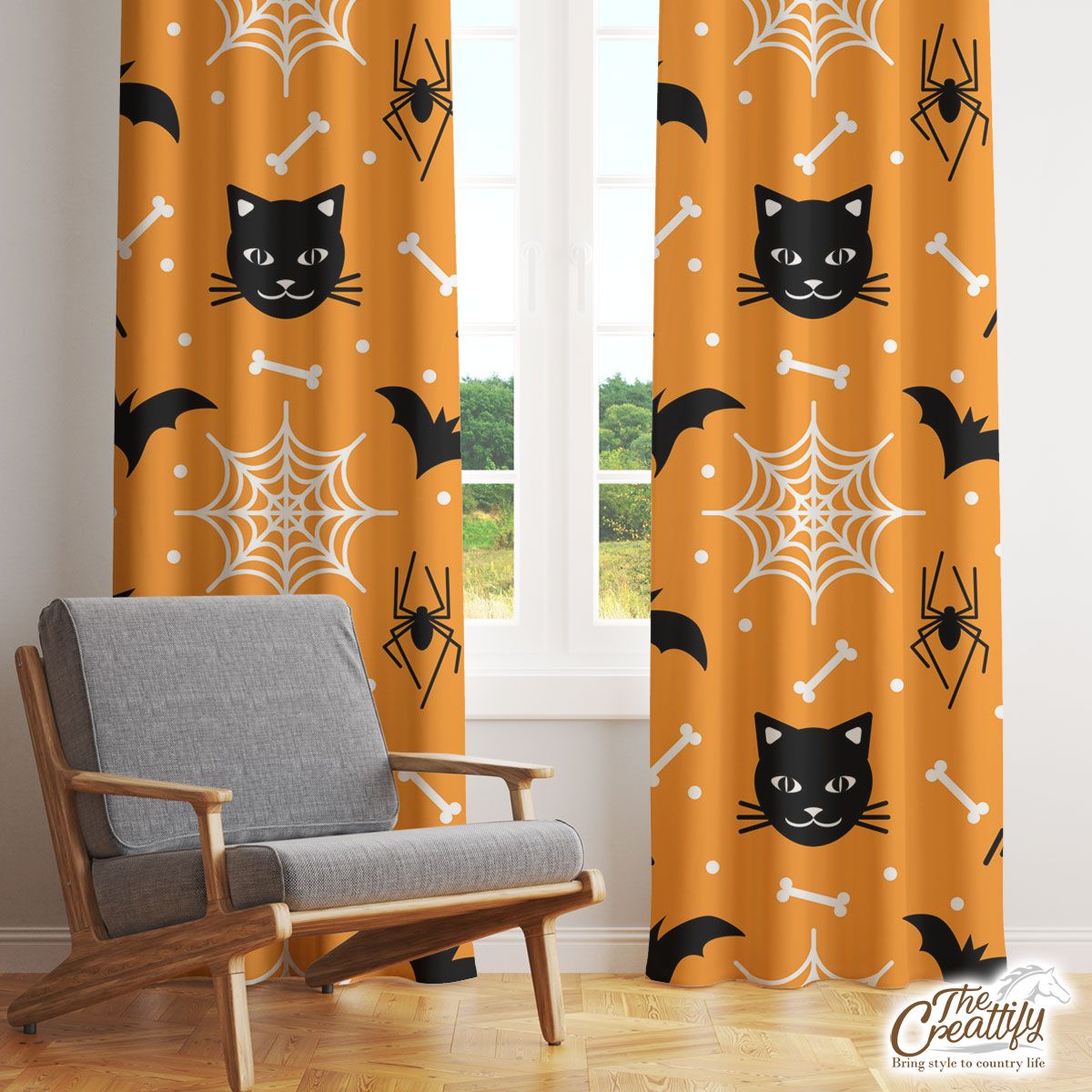 Cute Halloween Ghost  With Cat and Bat Window Curtain