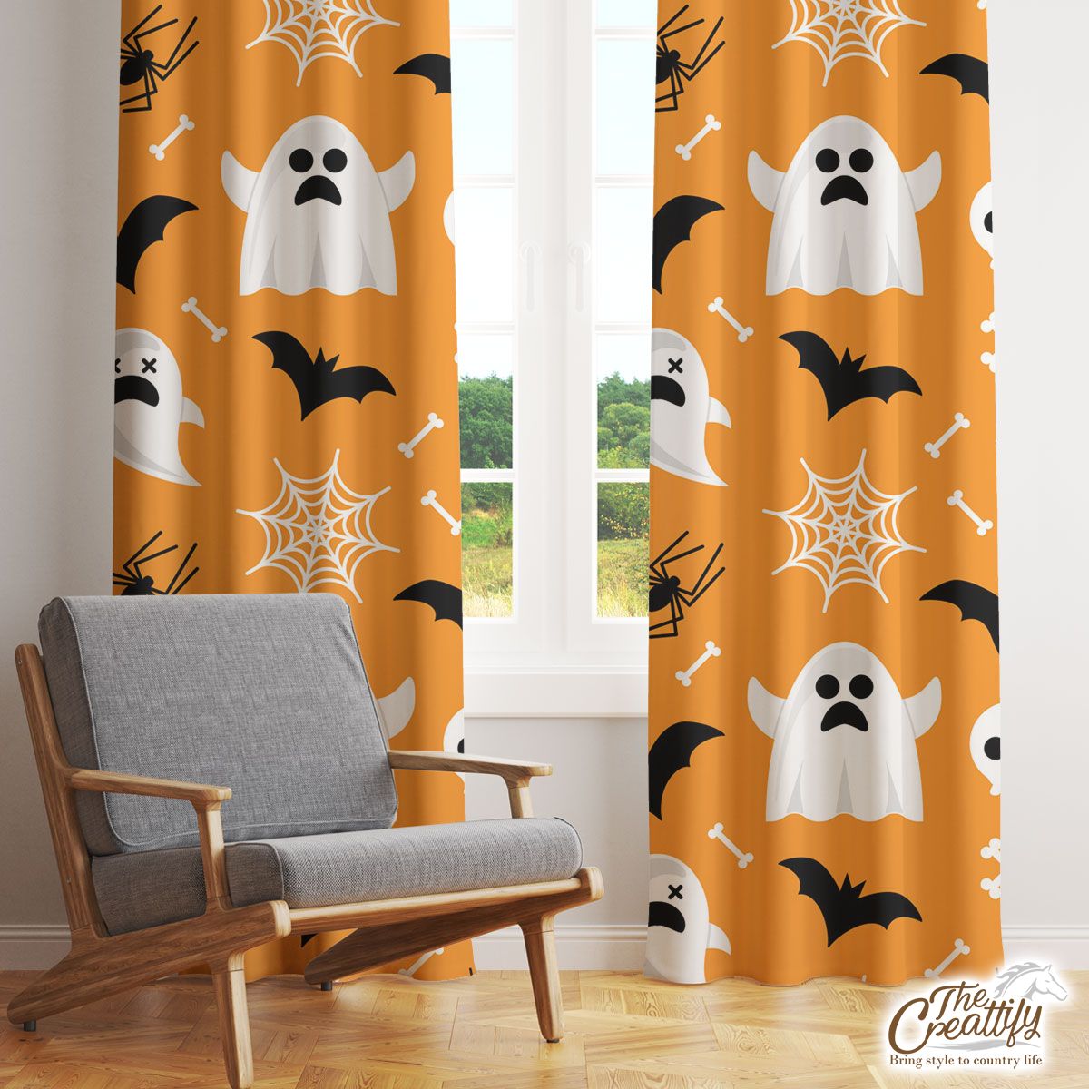 Cute Halloween Ghost Boo and Bat Window Curtain