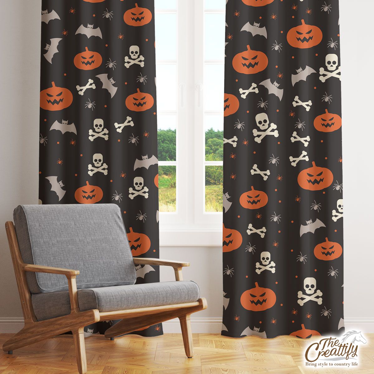 Cute Halloween Pumpkin Face, Jack O Lantern, Bats Window Curtain