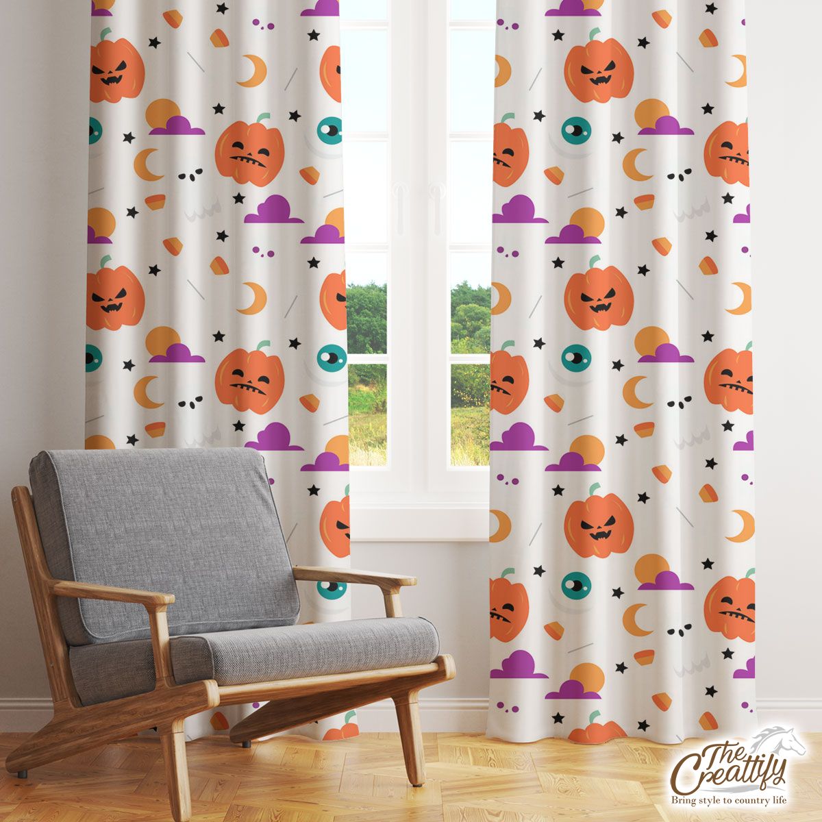 Cute Halloween Pumpkin Face, Jack O Lantern, Boo Ghost Window Curtain
