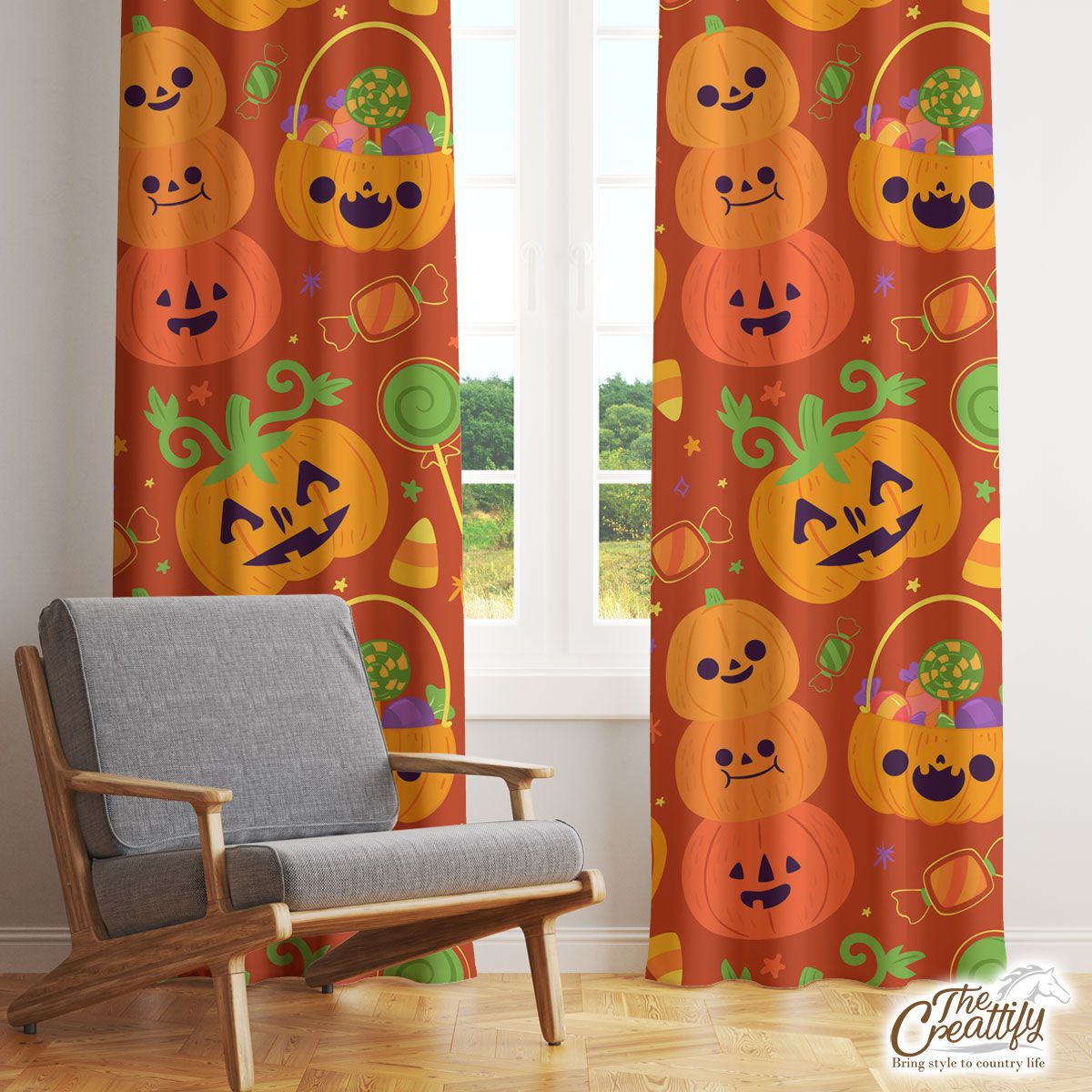 Cute Pumpkin, Jack O Lantern Full of Candy Orange Halloween Window Curtain