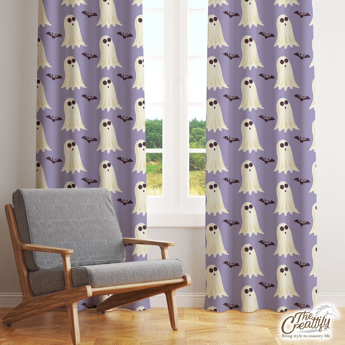 Cute and Funny White Boo Ghost And Bat Halloween Window Curtain