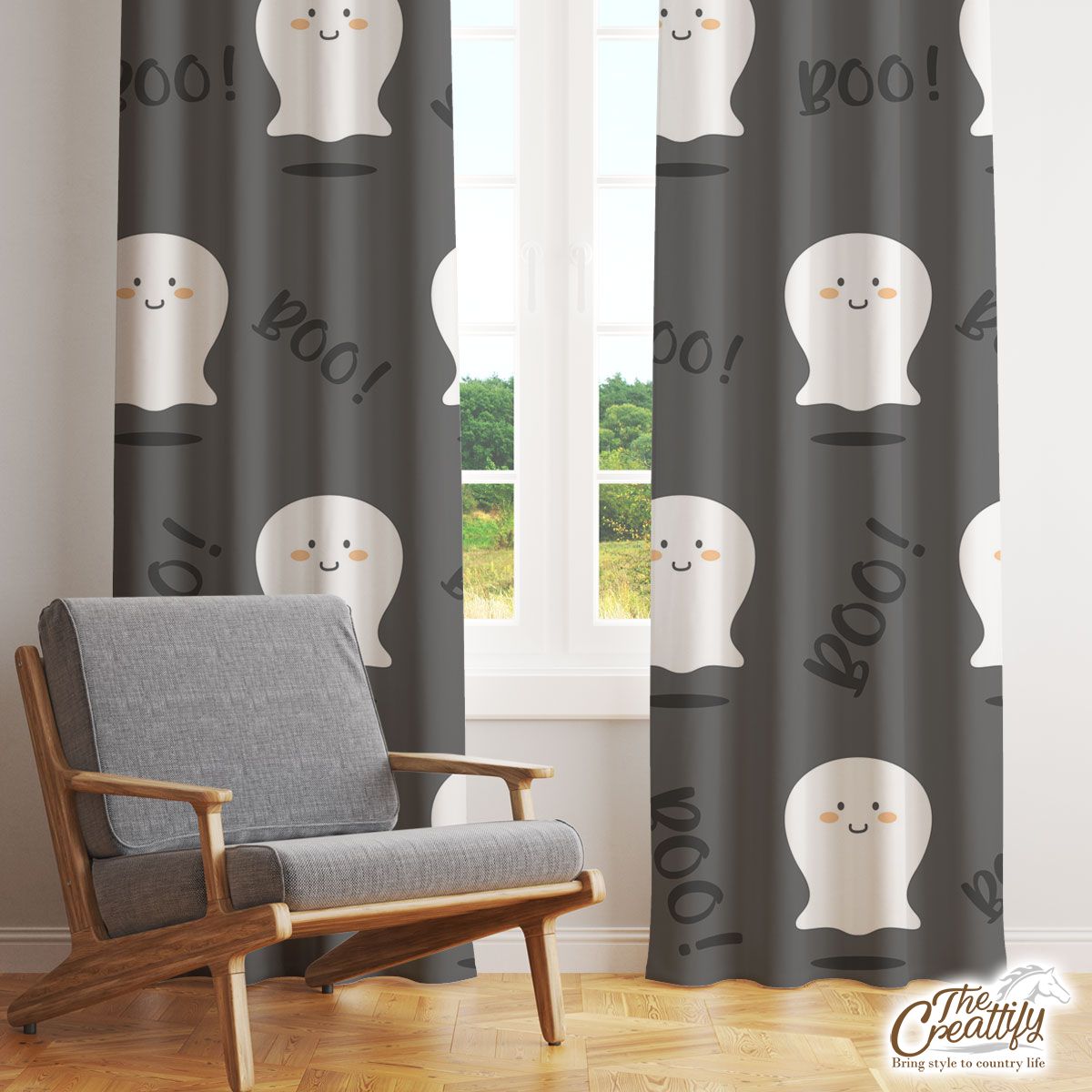 Cute and Funny White Boo Ghost Halloween Window Curtain