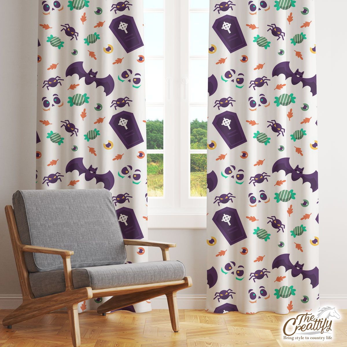 Funny Halloween Bats, Candy, Spider Window Curtain