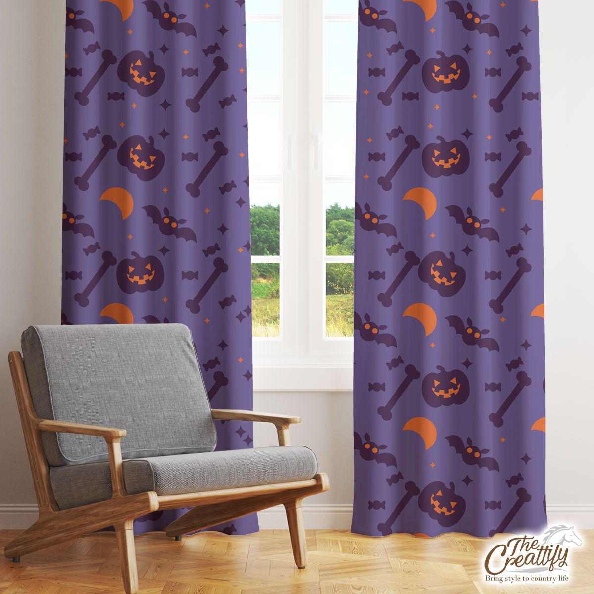 Funny Halloween Pumpkin Face, Jack O Lantern, Halloween Skeleton, Bats Window Curtain