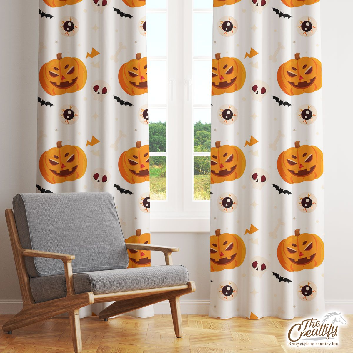 Funny Halloween Pumpkin Face, Jack O Lantern, Horror Bats Window Curtain