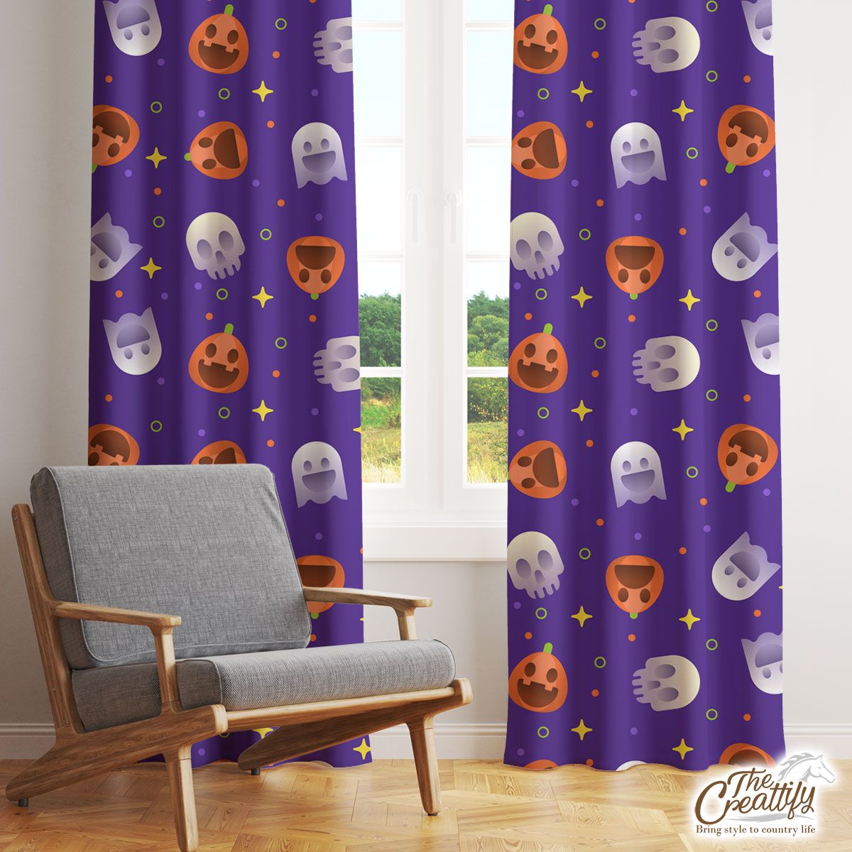 Funny Halloween Pumpkin Face, Jack O Lantern, Skeleton Window Curtain