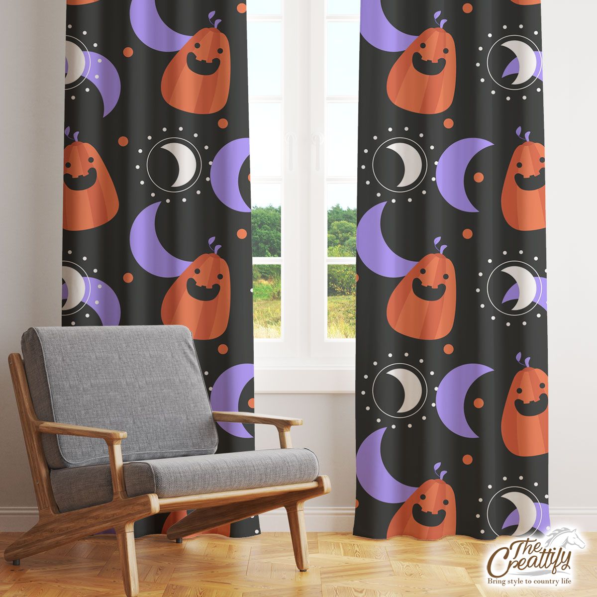Funny Pumpkin Carving With Crescent Moon Halloween Window Curtain