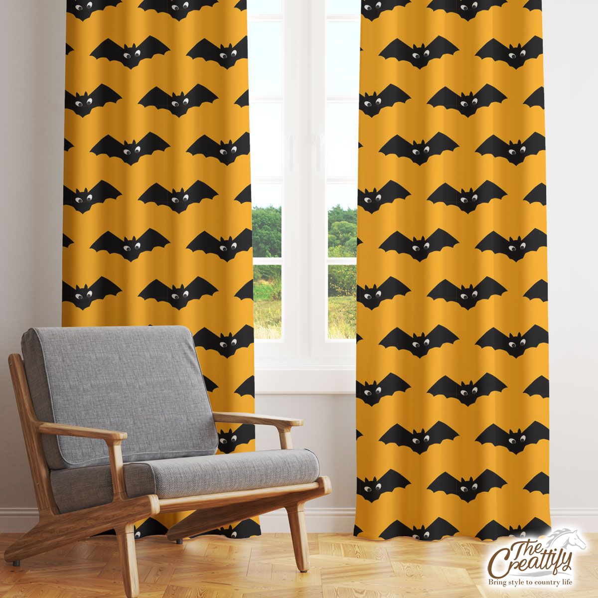 Halloween Bats On Orange Background Window Curtain
