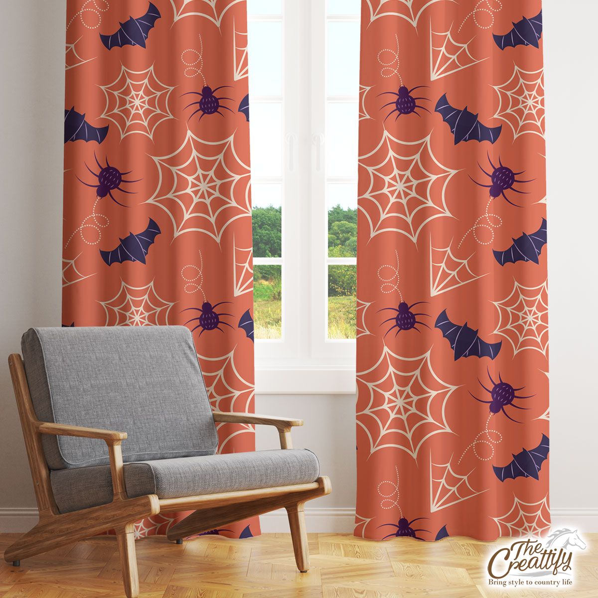 Halloween Bats With Spider Web Orange Window Curtain
