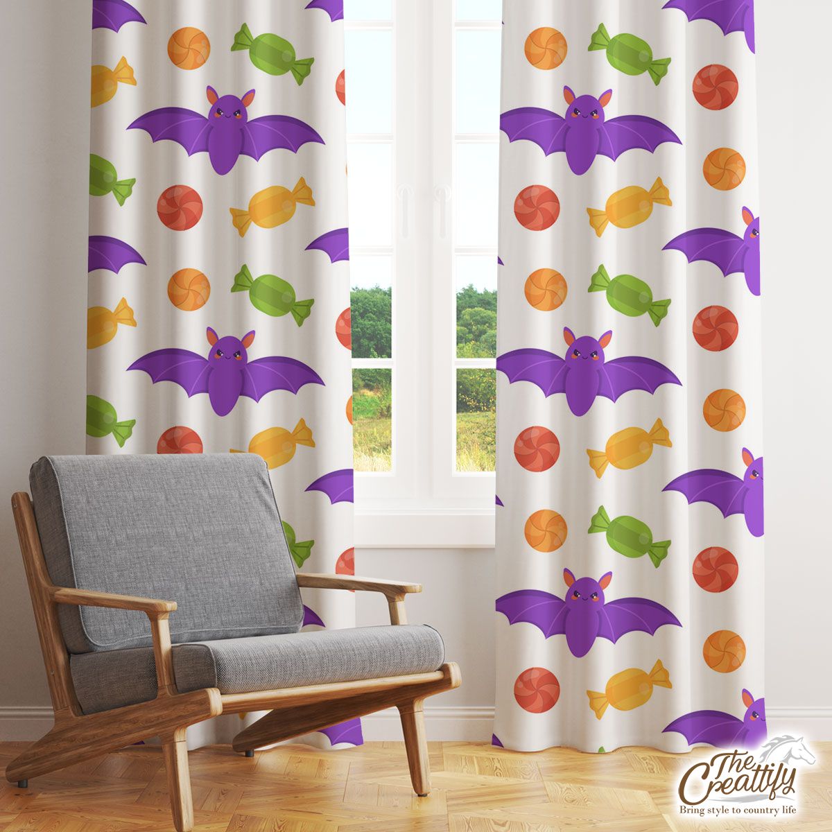 Halloween Cand and Bats Window Curtain