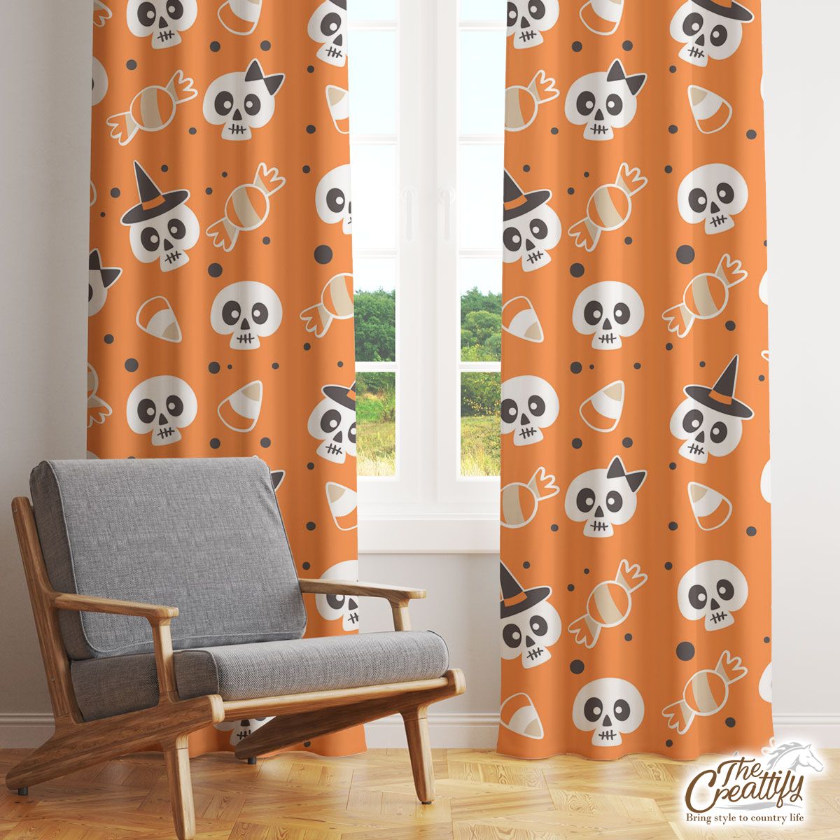 Halloween Candy Cartoon Skull With Witch Hat On Orange Color Background Window Curtain