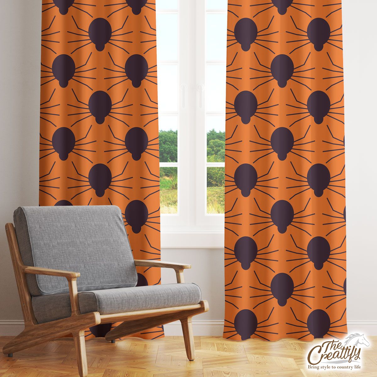 Halloween Orange Color Seamless Spider Window Curtain