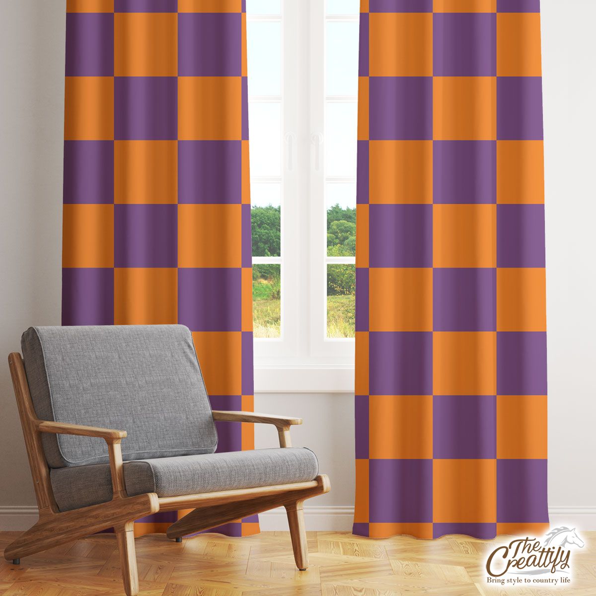 Halloween Orange and Purple Square Seamless Pattern Window Curtain