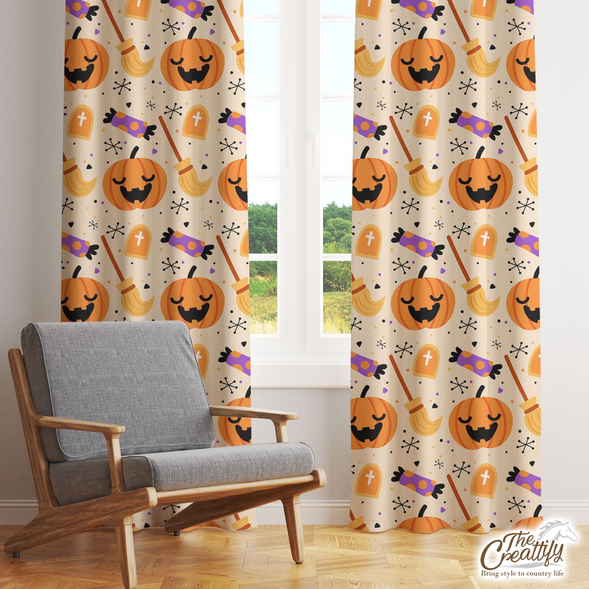 Halloween Pumpkin Face, Jack O Lantern, Candy Halloween, Witch Broom Orange Window Curtain
