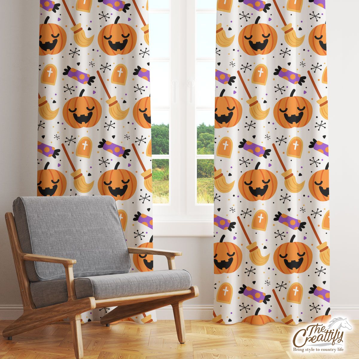 Halloween Pumpkin Face, Jack O Lantern, Candy Halloween, Witch Broom White Window Curtain