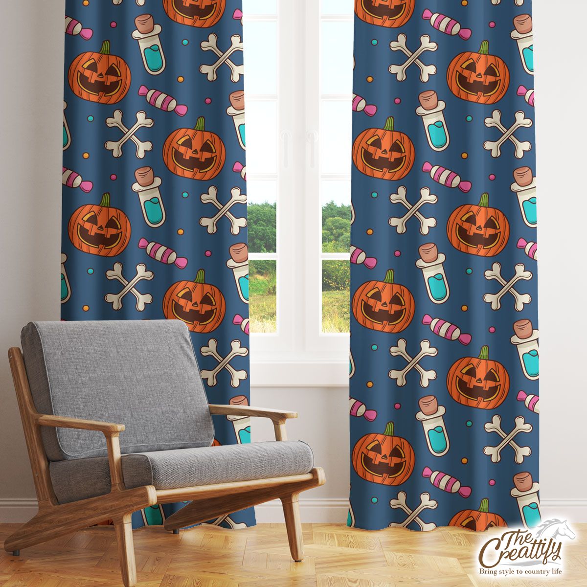 Halloween Scary Pumpkin Face With Candy And Bone Window Curtain