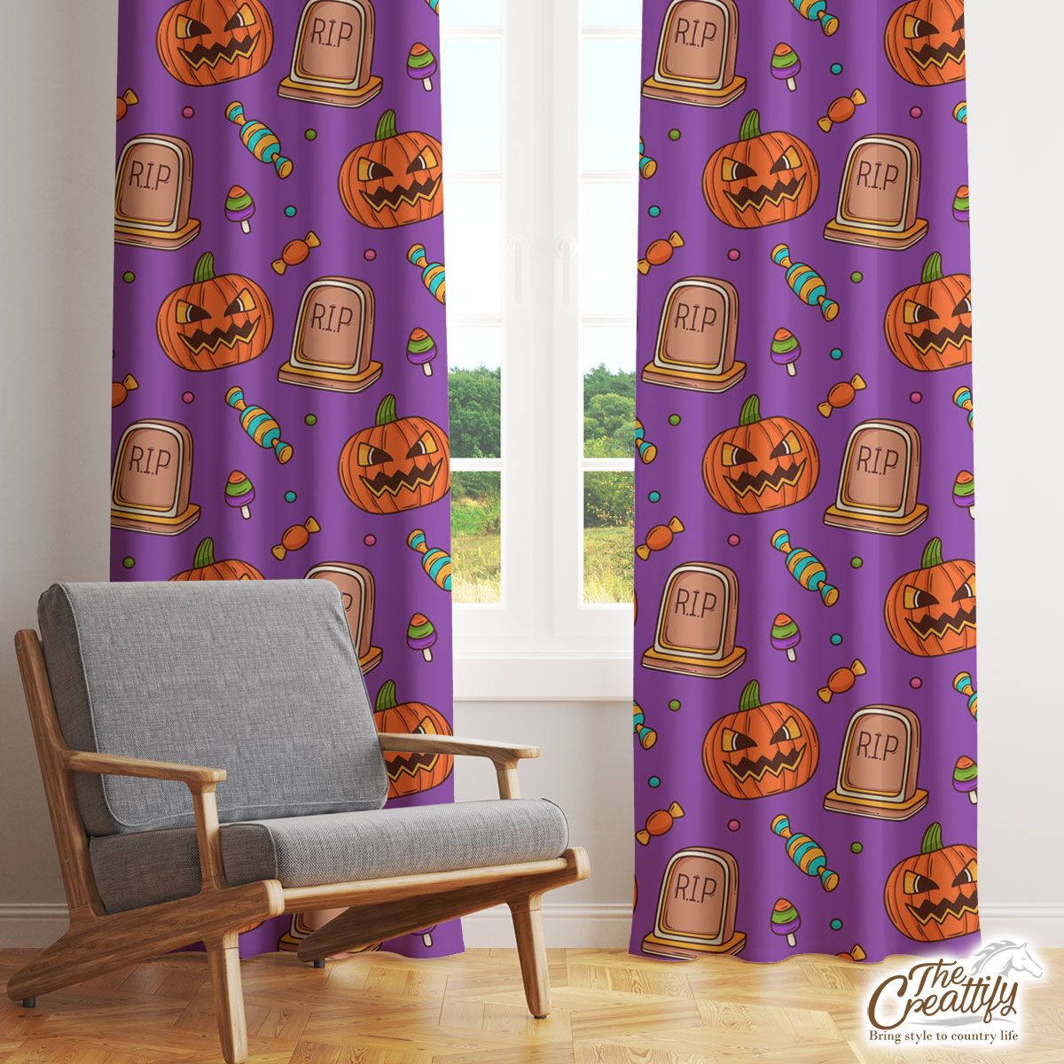 Halloween Scary Pumpkin Face With Headstone And Candy Window Curtain