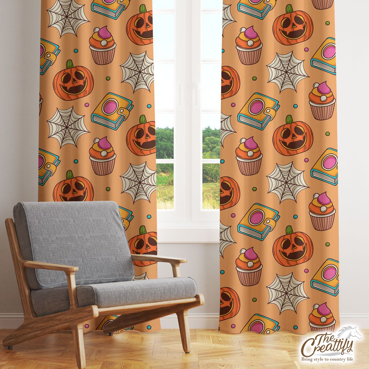 Happy Halloween With Pumpkin, Spider Web And Cartoon Cupcake Window Curtain