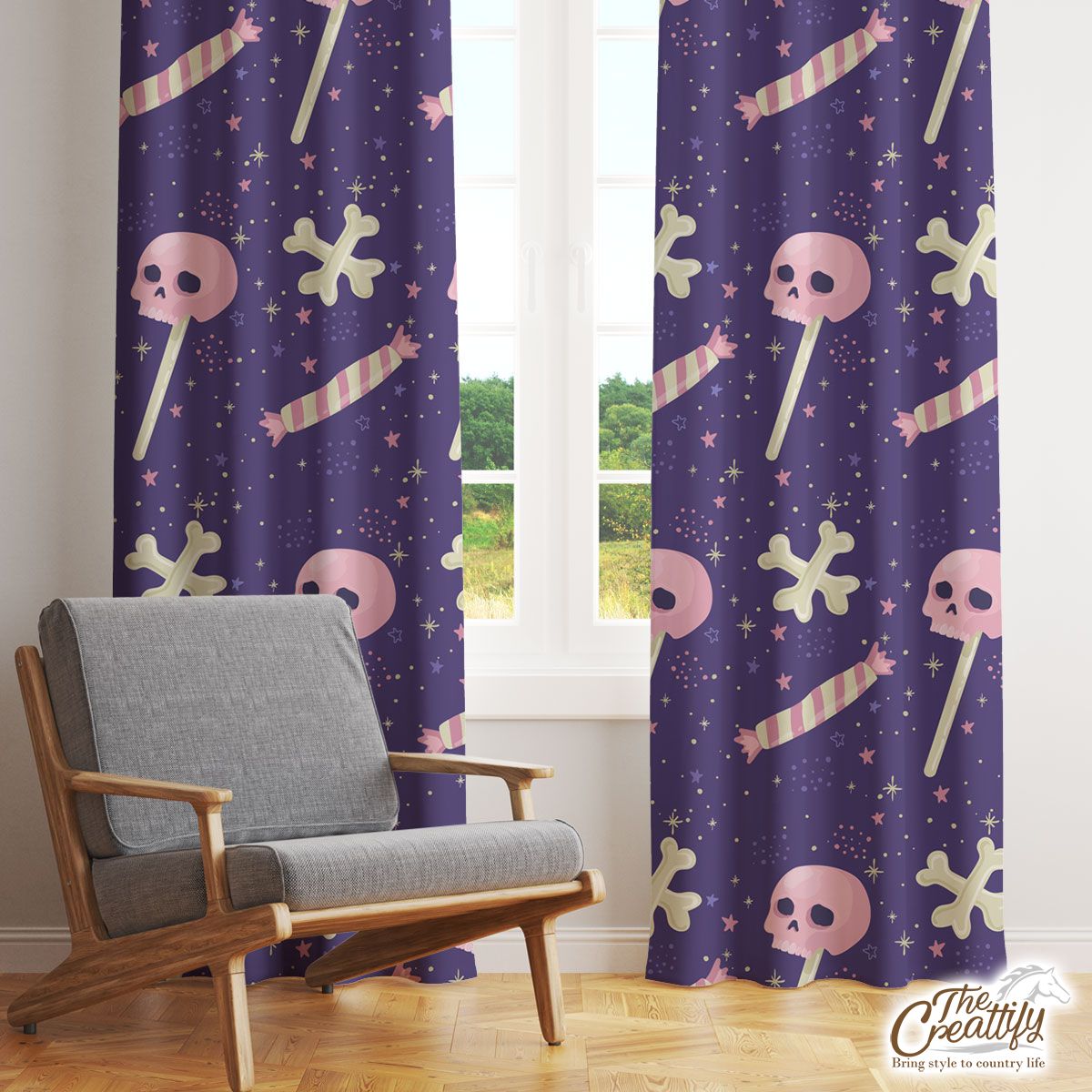 Happy Halloween With Skull, Candy And Bone Window Curtain