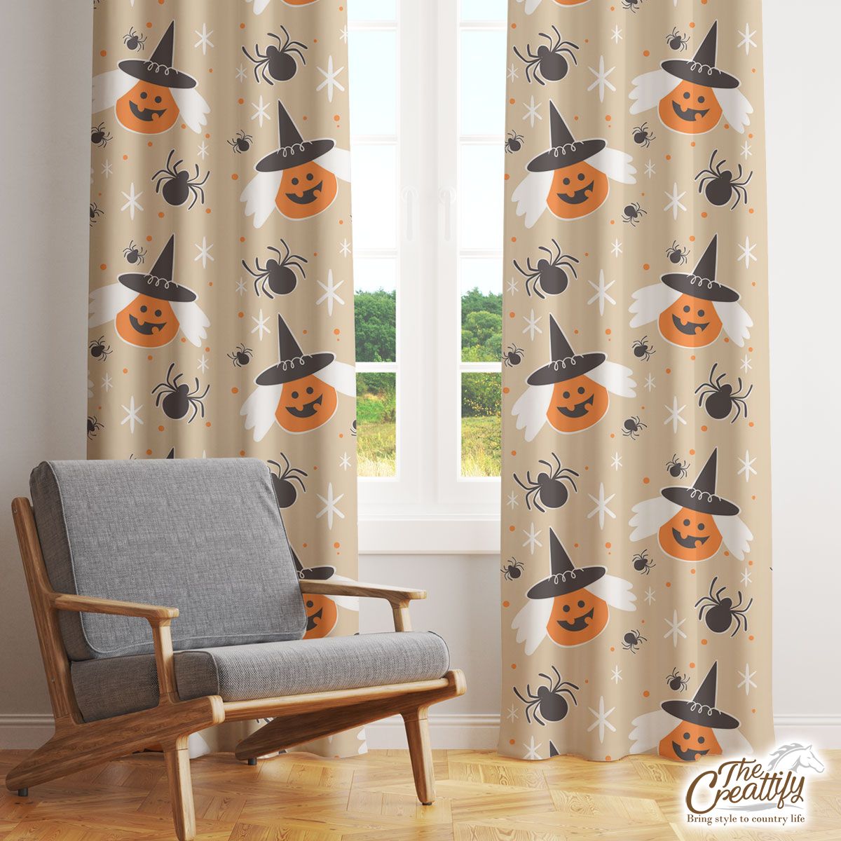 Pumpkins With Witch Hat On A Light Background Halloween Window Curtain