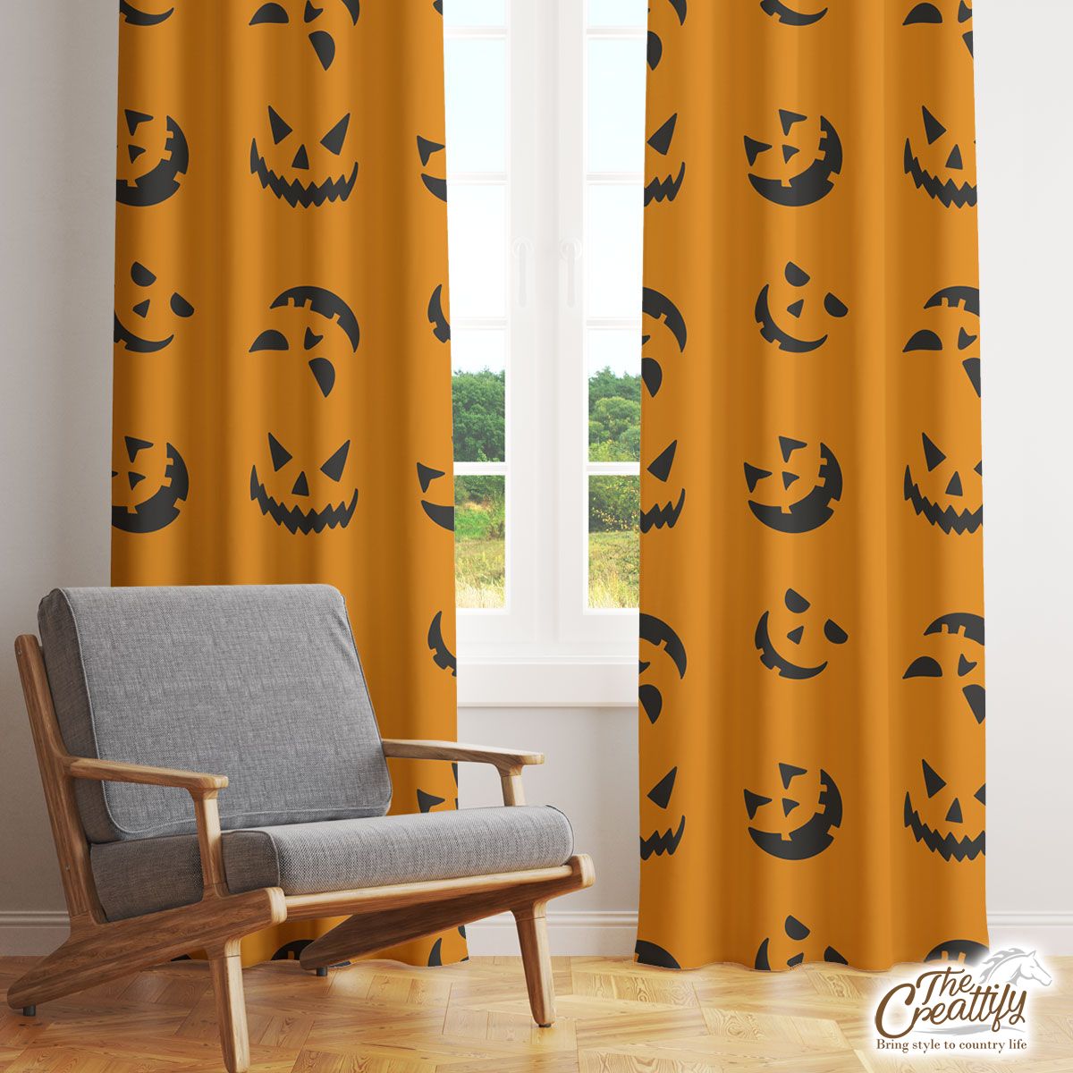 Scary Face On The Orange Color Background Halloween Window Curtain