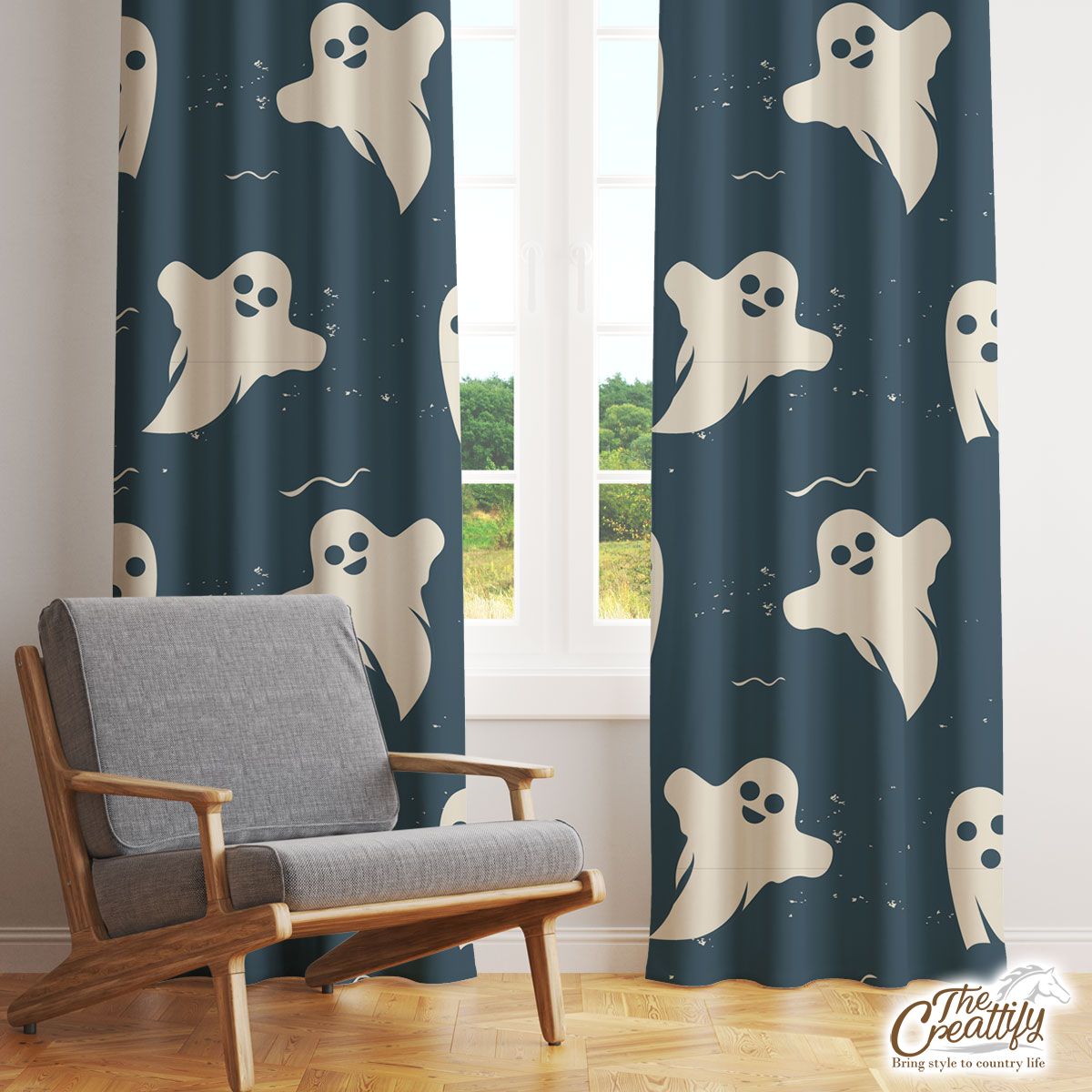 Scary Halloween Ghosts Seamless Pattern Blue Boo Window Curtain