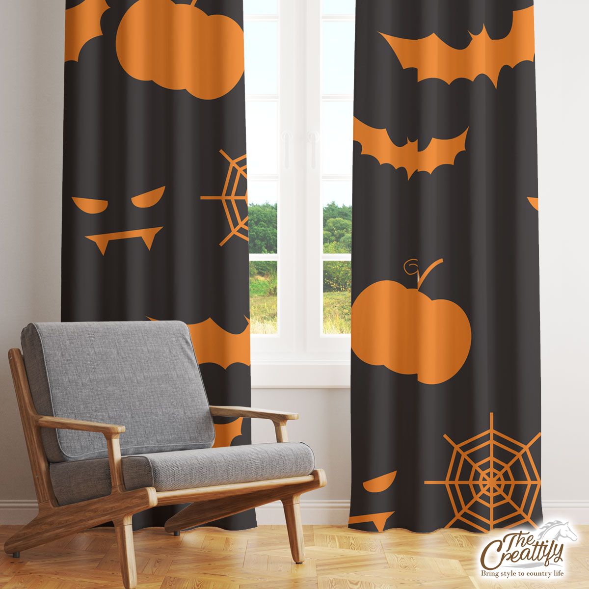Scary Halloween Vampire  With Pumpkin Jack O Lantern and Bat Window Curtain