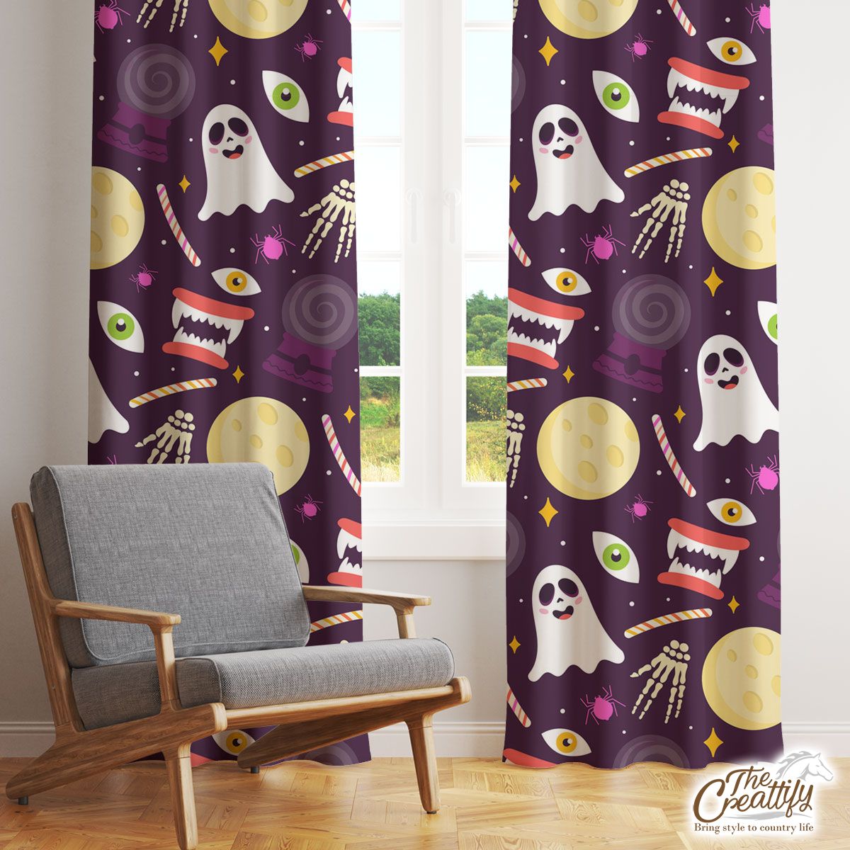 Scary Halloween, Halloween Candy With Boo, Creepy Hand, Halloween Skeleton Purple Window Curtain