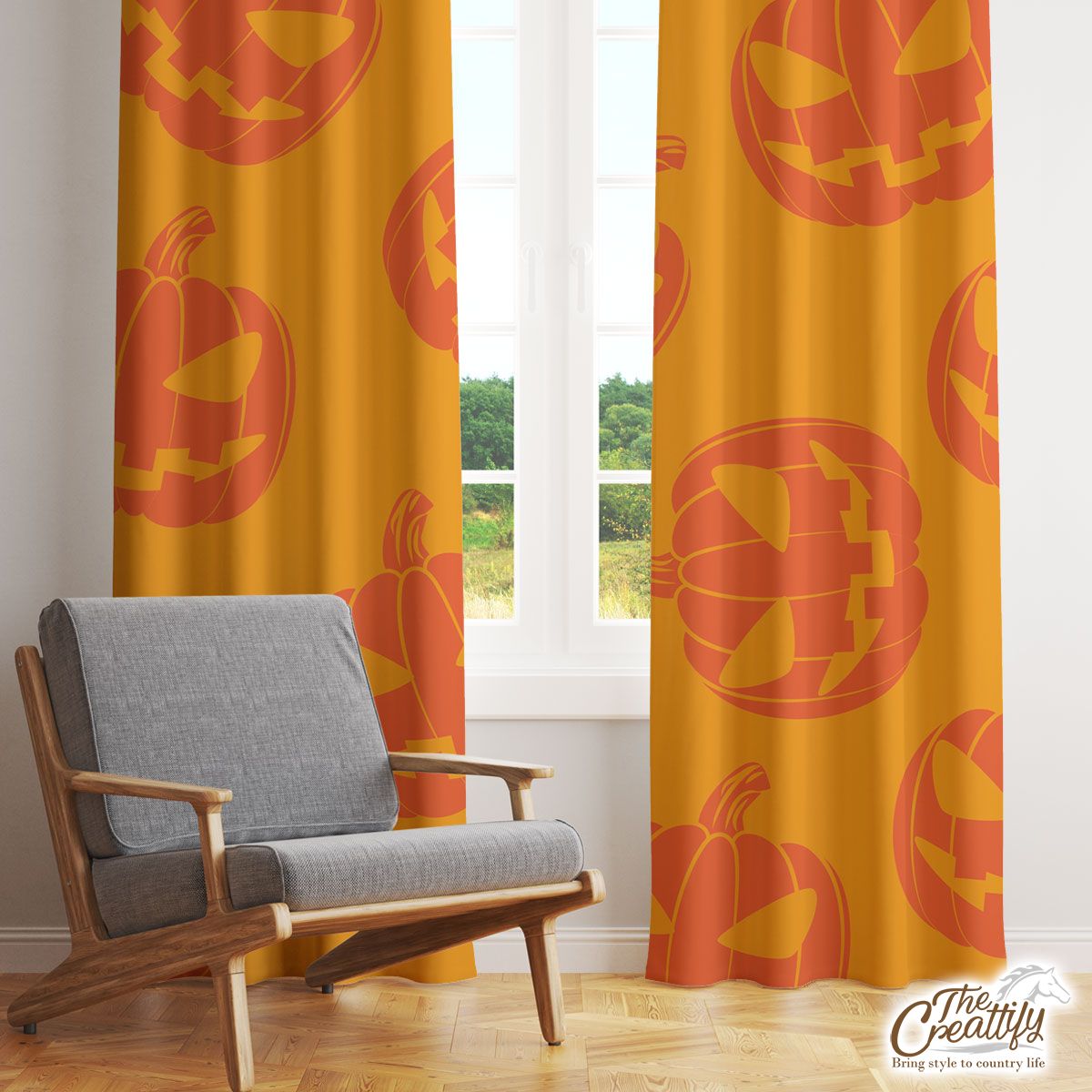 Scary Pumpkin Face On The Orange Color Background Halloween Window Curtain