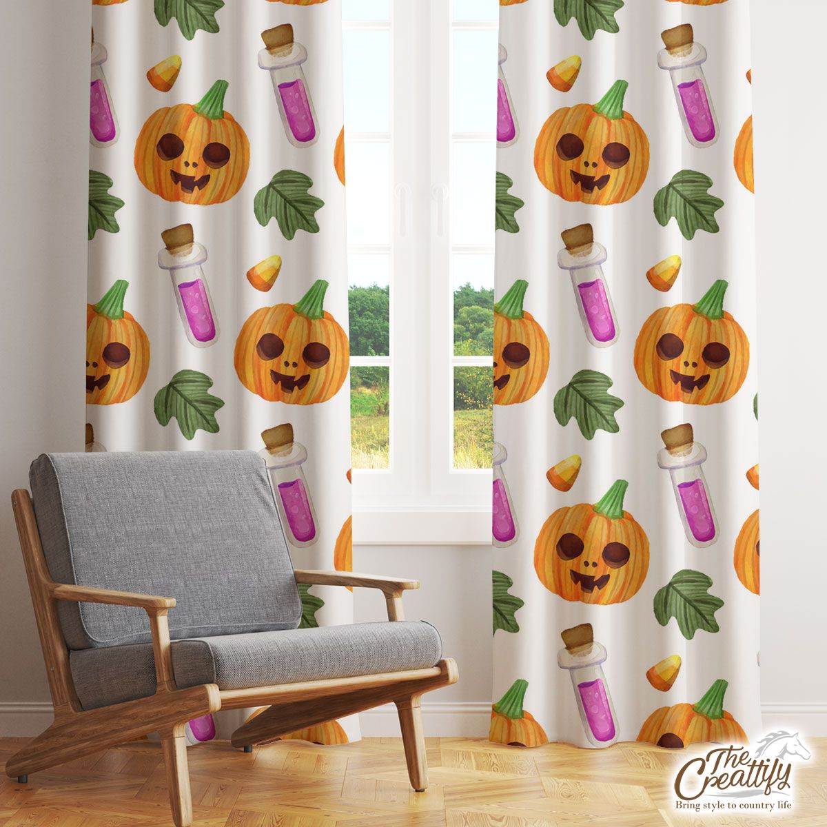 Scary Pumpkin Face and Witch Potions White Halloween Window Curtain