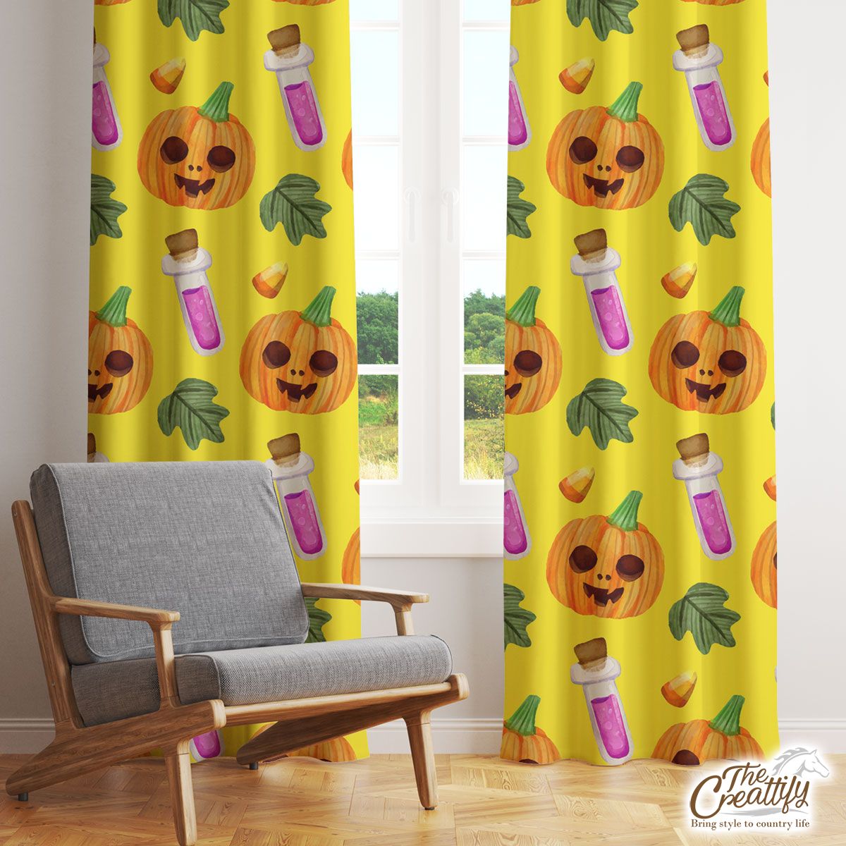 Scary Pumpkin Face and Witch Potions Yellow Halloween Window Curtain