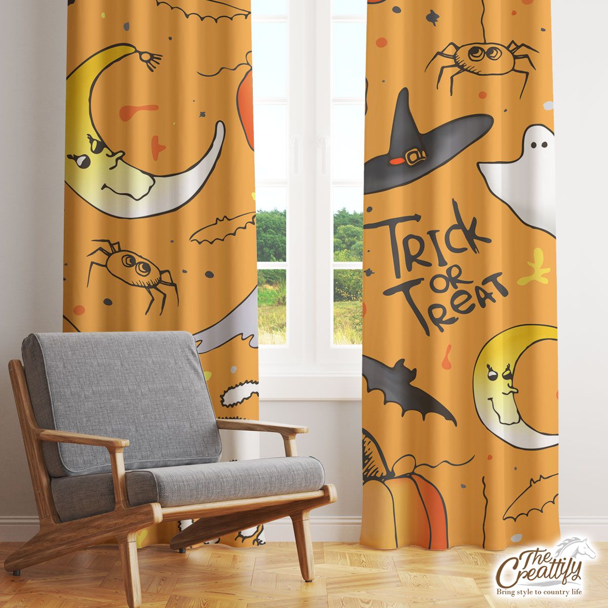 Trick or Treat Halloween Pumpkin Jack O Lantern and Boo Window Curtain