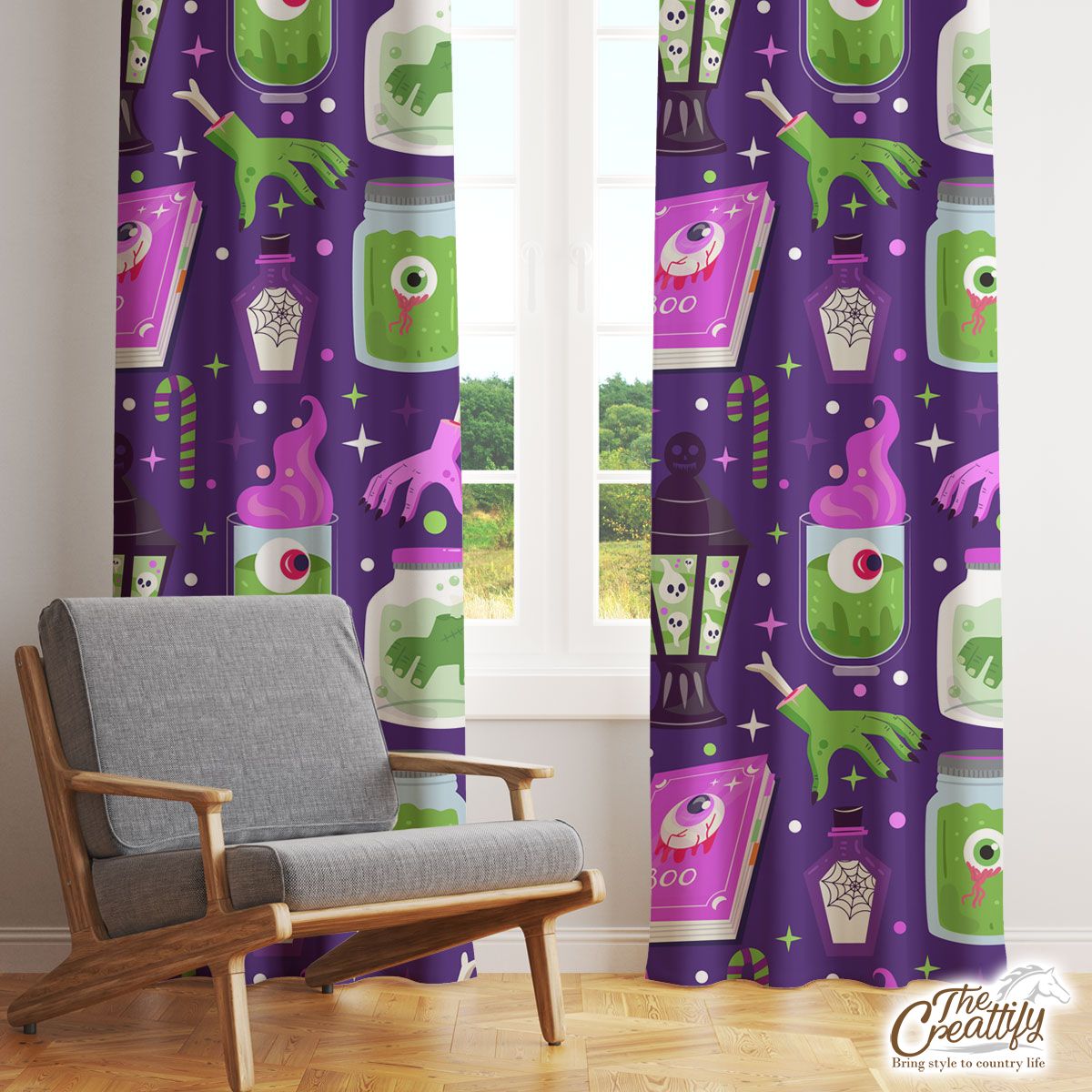 Witch Potions, Creepy Hand, Blood, Wicked Witches Dark Halloween Window Curtain