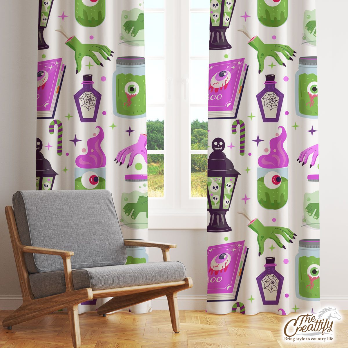 Witch Potions, Creepy Hand, Blood, Wicked Witches Light Halloween Window Curtain