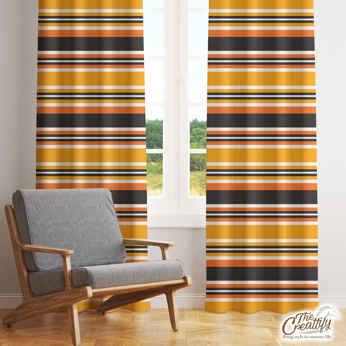 Yellow Stripe Pattern In Halloween Theme Window Curtain