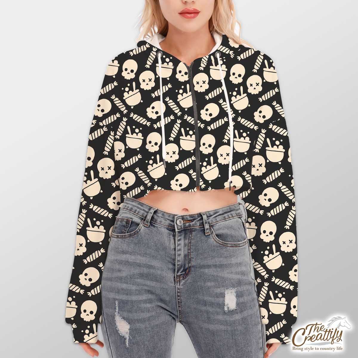 Black And White Skull Emoji With Halloween Candy Hoodie With Zipper Closure