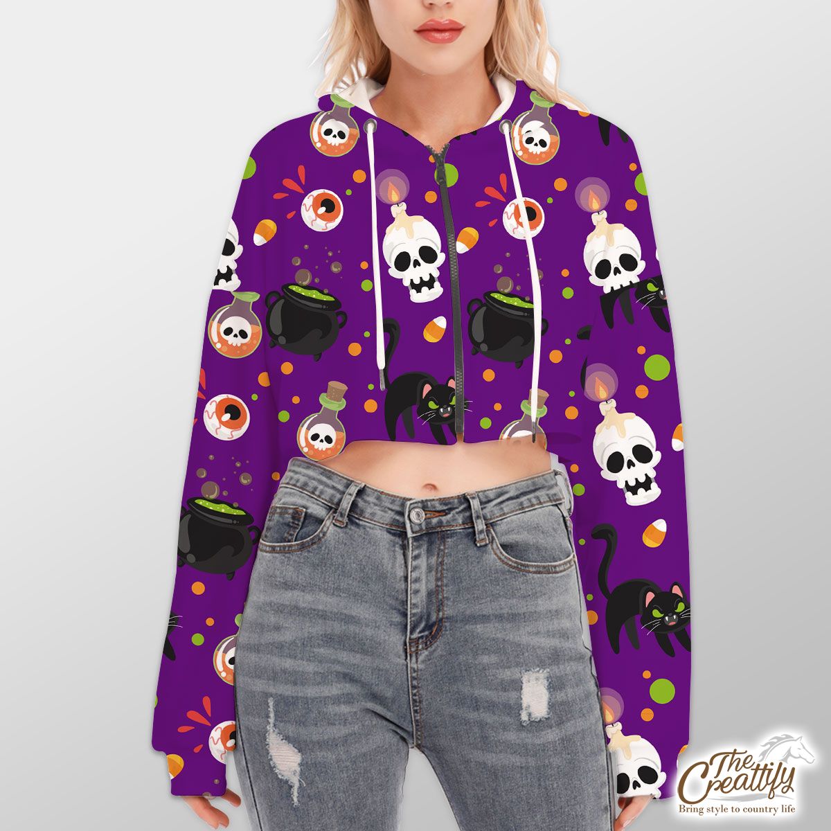Black Cat And Skull On The Spooky Background Halloween Hoodie With Zipper Closure